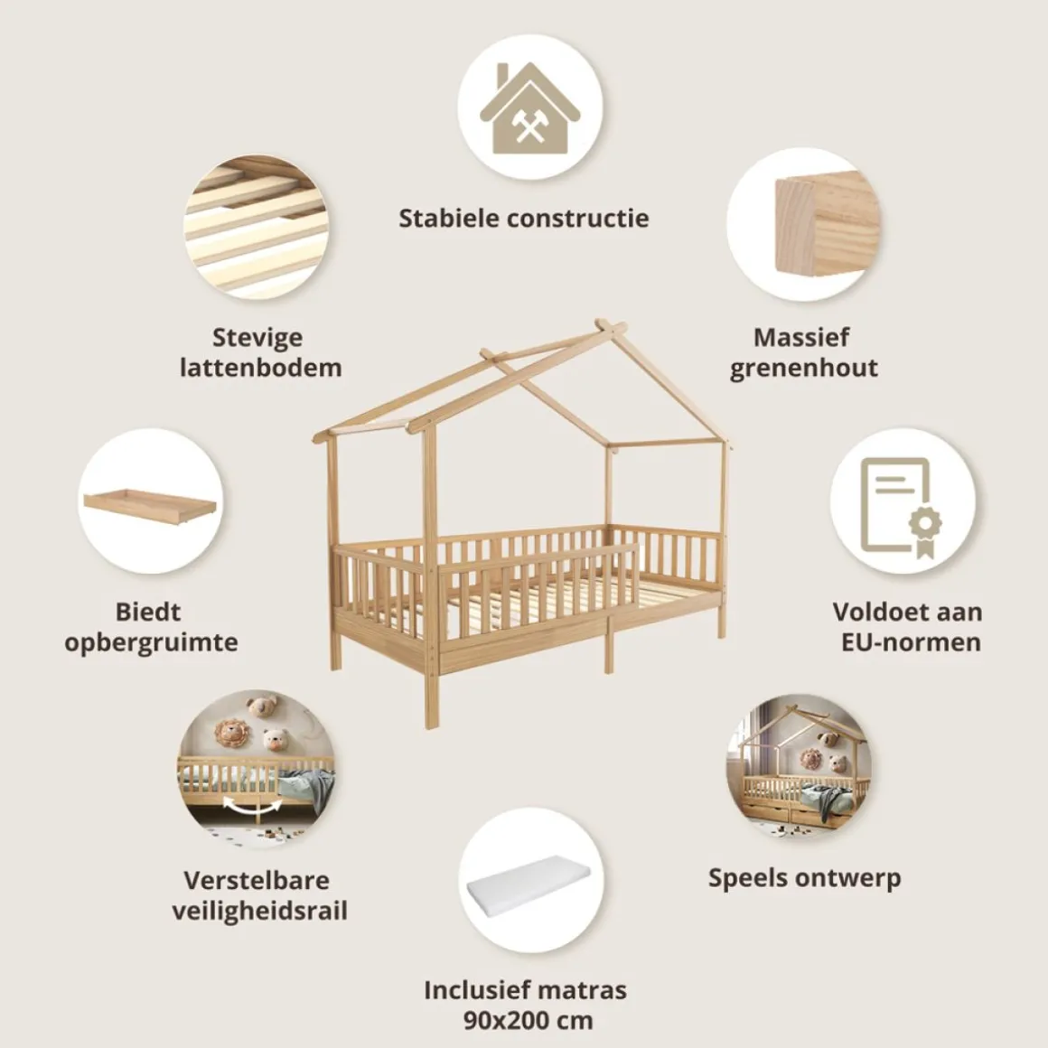 BEDHUISJE / EENPERSOONSBED u00abMAISONu00bb | 90 X 200 CM | NATUREL