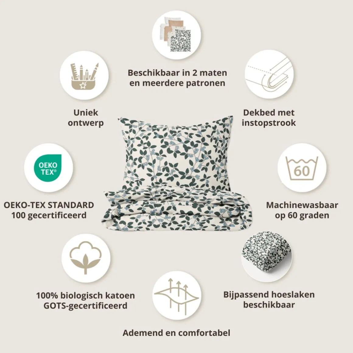 DEKBEDOVERTREKSET 120 X 150 CM u00abBERRIESu00bb | BEIGE-GROEN