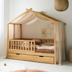 GORDIJN VOOR BEDHUISJE u00abMAISONu00bb | 90 X 200 CM | MOUSSELINE KATOEN | BEIGE