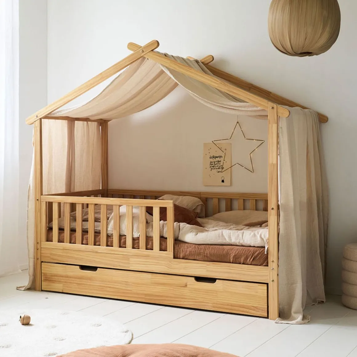 GORDIJN VOOR BEDHUISJE u00abMAISONu00bb | 80 X 160 CM | MOUSSELINE KATOEN | BEIGE