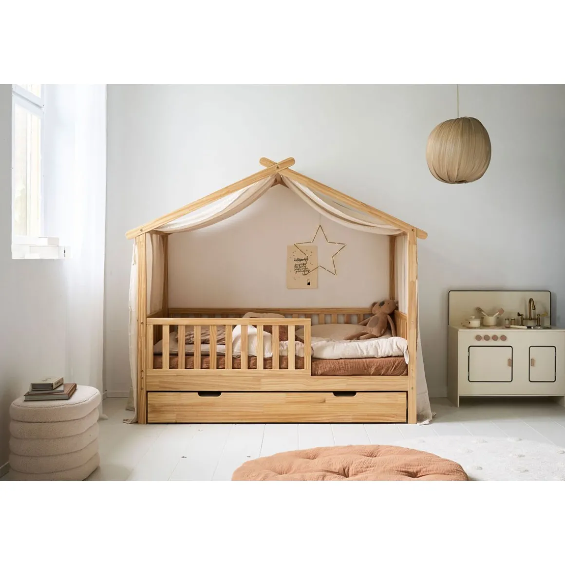 GORDIJN VOOR BEDHUISJE u00abMAISONu00bb | 80 X 160 CM | MOUSSELINE KATOEN | BEIGE