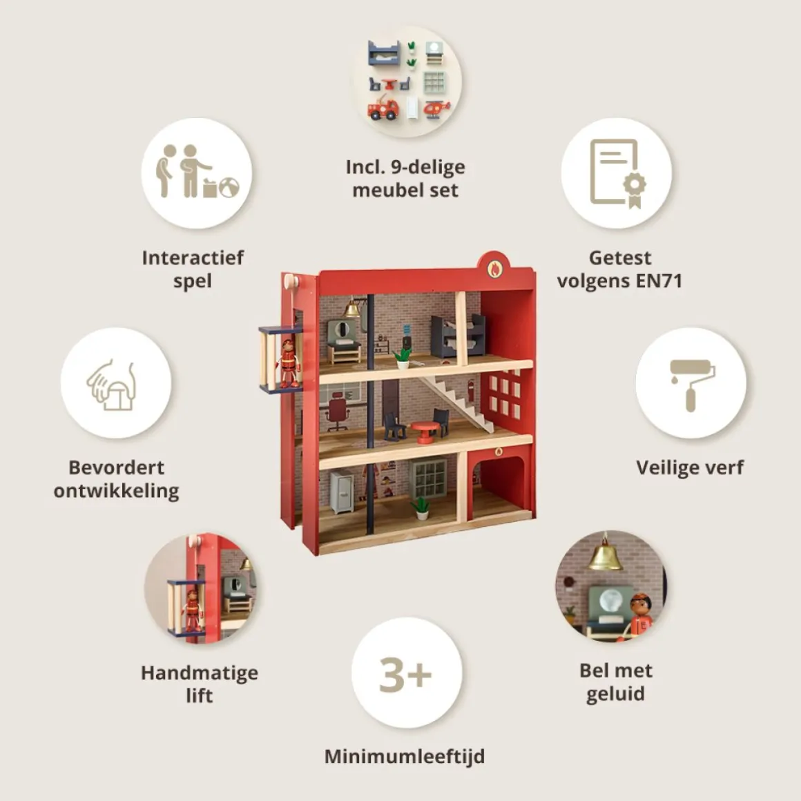 HOUTEN BRANDWEERKAZERNE u00abPOMPIERu00bb | I INCL. 19 ACCESSOIRES | 70 cm | ROOD