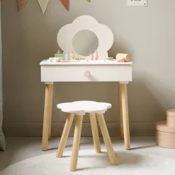 HOUTEN KAPTAFEL MET SPIEGEL EN STOEL u00abFLEURu00bb | OFF-WHITE