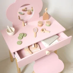 HOUTEN KAPTAFEL MET SPIEGEL EN STOEL u00abFLEURu00bb | ROZE