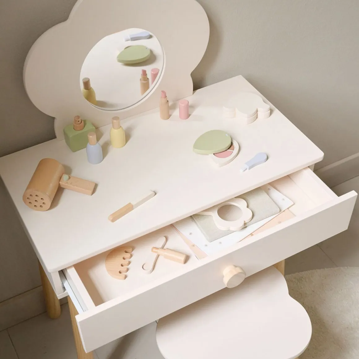 HOUTEN KAPTAFEL MET SPIEGEL EN STOEL u00abFLEURu00bb | OFF-WHITE
