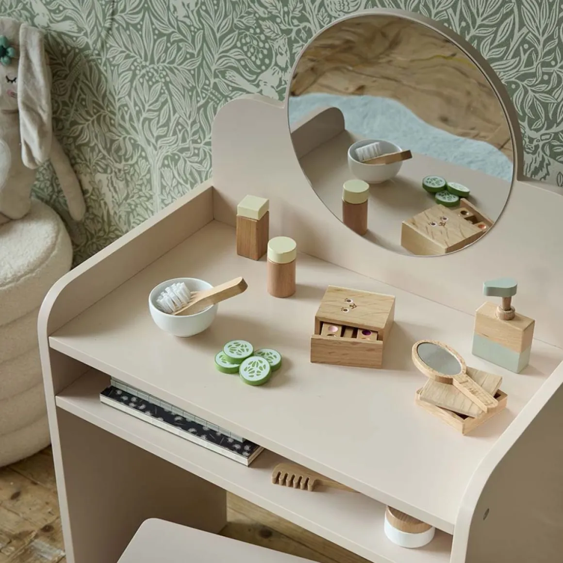 HOUTEN KAPTAFEL MET SPIEGEL EN STOEL | u00abBELLEu00bb | ROZE