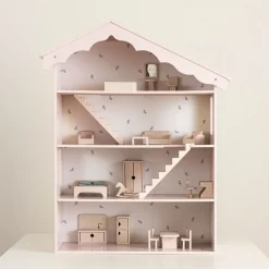 Houten poppenhuis meubels 19-delige set POEDERROZE