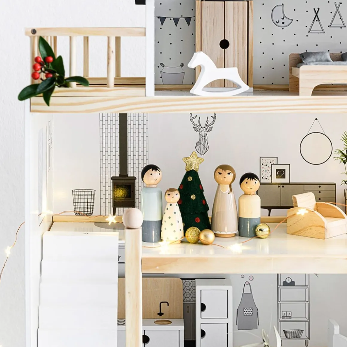 Houten poppenhuis meubels 19-delige set WIT / HOUT