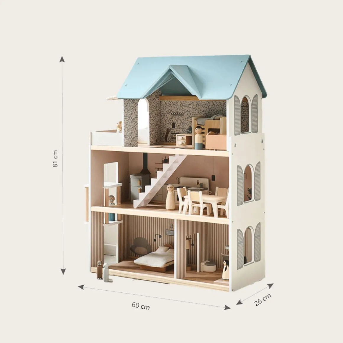 HOUTEN POPPENHUIS u00abCAMPAGNEu00bb | INCL. 14-DELIGE MEUBELSET | 81 CM | WIT & PASTELBLAUW