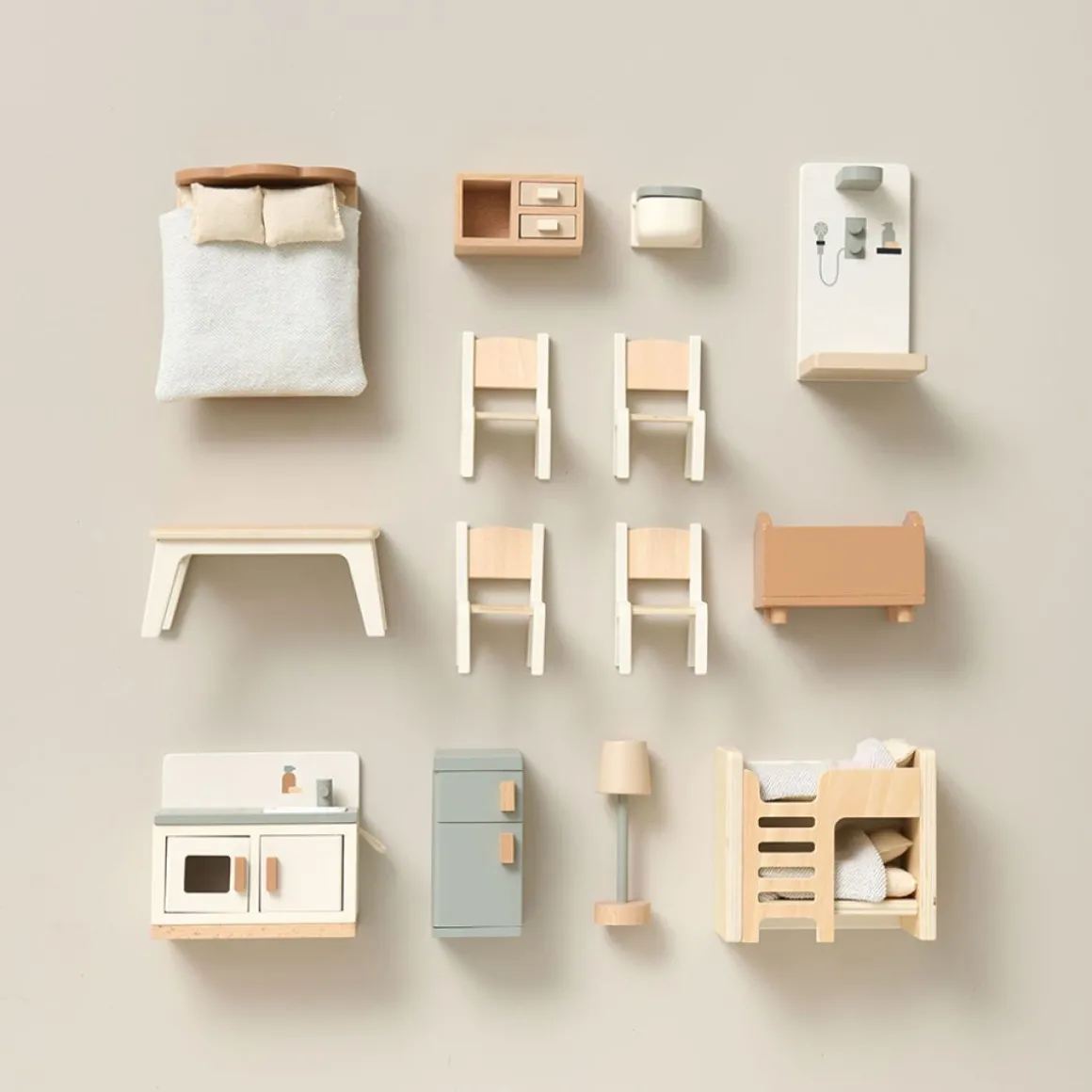 HOUTEN POPPENHUIS u00abCAMPAGNEu00bb | INCL. 14-DELIGE MEUBELSET | 81 CM | WIT & PASTELBLAUW
