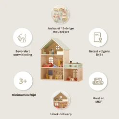 HOUTEN POPPENHUIS u00abPASTELu00bb | INCLUSIEF 15-DELIGE MEUBELSET | 60 CM | MEERKLEURIG