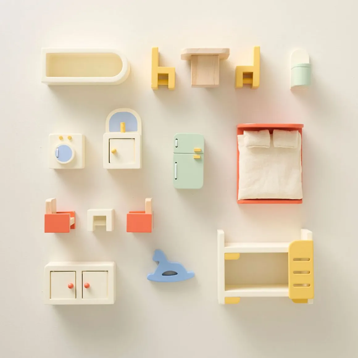 HOUTEN POPPENHUIS u00abPASTELu00bb | INCLUSIEF 15-DELIGE MEUBELSET | 60 CM | MEERKLEURIG