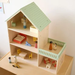 HOUTEN POPPENHUIS u00abPASTELu00bb | INCLUSIEF 15-DELIGE MEUBELSET | 60 CM | MEERKLEURIG