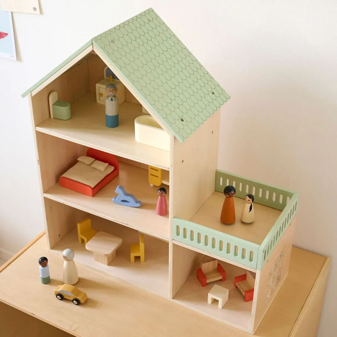 HOUTEN POPPENHUIS u00abPASTELu00bb | INCLUSIEF 15-DELIGE MEUBELSET | 60 CM | MEERKLEURIG