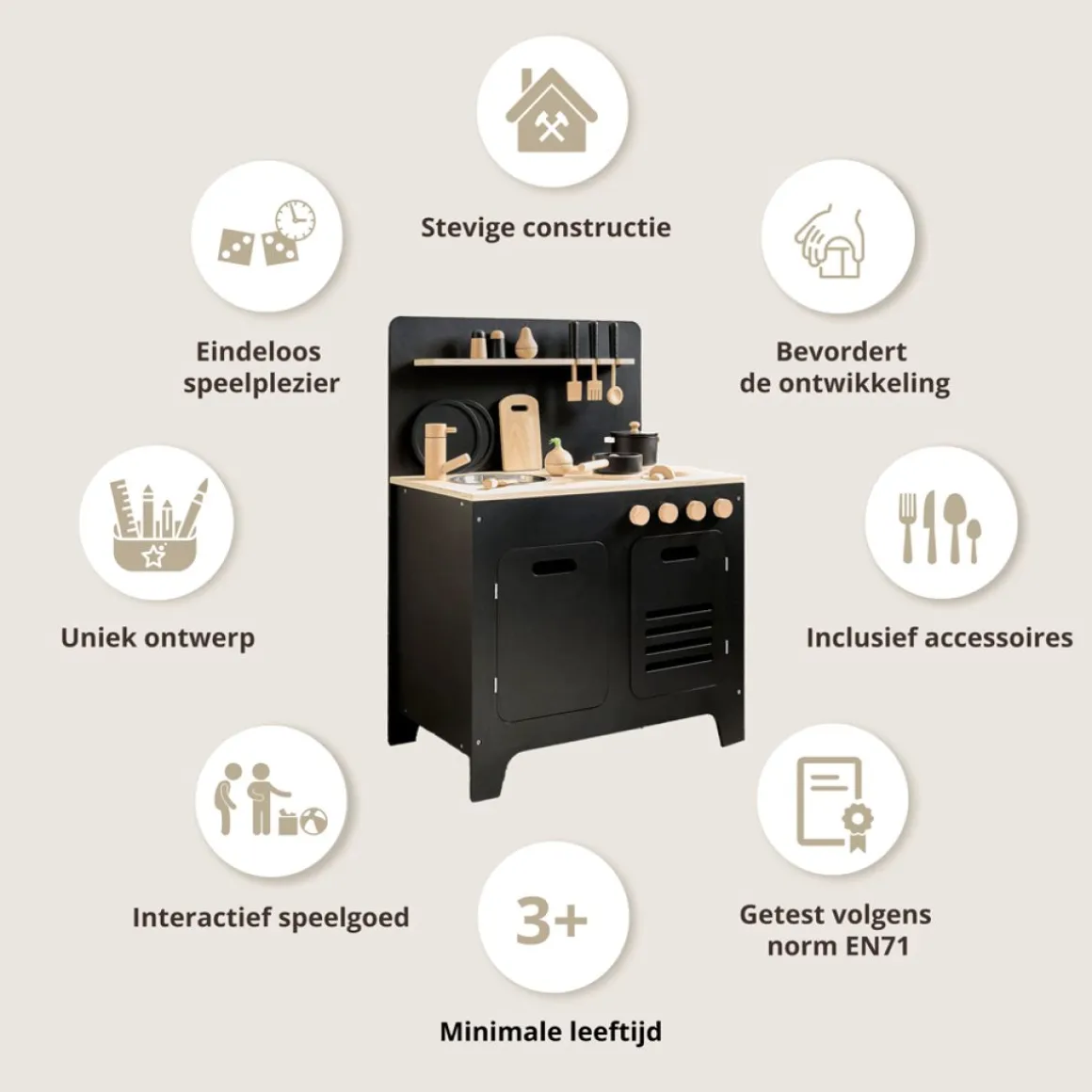 HOUTEN SPEELKEUKEN | u00abMu00dbREu00bb | MET 13-DELIGE KEUKENSET | ZWART