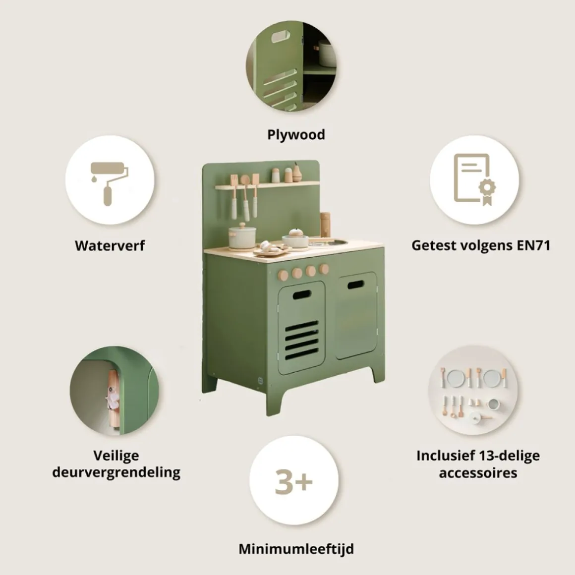 HOUTEN SPEELKEUKEN | u00abOLIVEu00bb | MET 13-DELIGE LICHT GRIJZE KEUKENSET