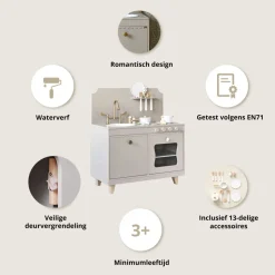 Houten speelkeuken | u00abSorbieru00bb | Taupe | Met 13-delige witte keukenset