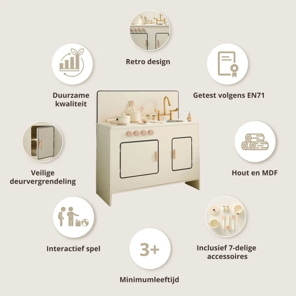 HOUTEN SPEELKEUKEN u00abBERGAMOTEu00bb | INCL. 7 ACCESSOIRES | BEIGE