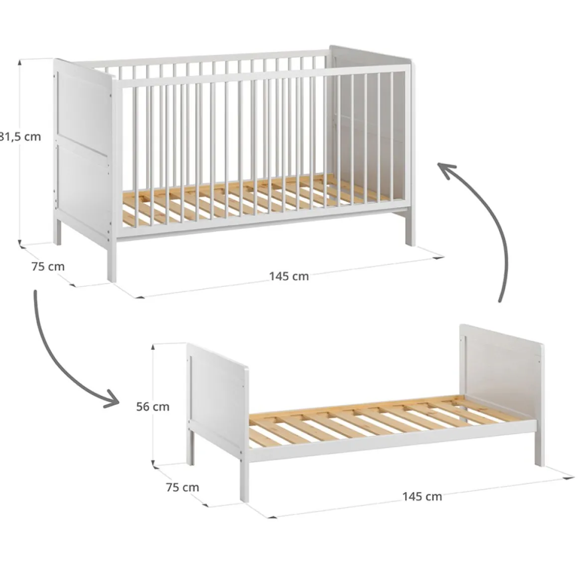 3 in 1 babybed / Meegroeibed "Evolutif" Aurore 0-4 jaar | WIT