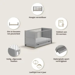 3 in 1 Meegroeibed Evolutif Laurent 0-4 jaar inclusief 10cm premuim matras | GRIJS