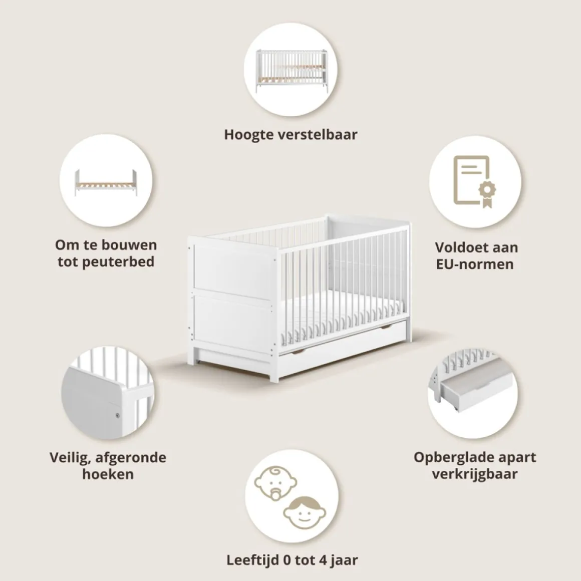 3 in 1 Meegroeibed Evolutif Aurore incl 10 cm premium matras 0-4 jaar | WIT