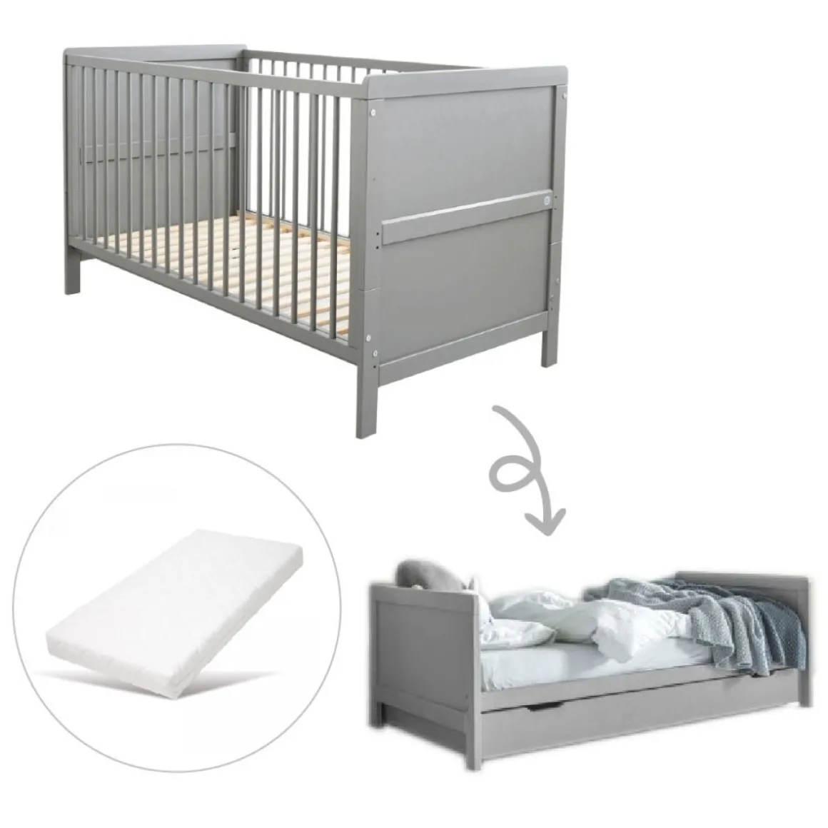 3 in 1 Meegroeibed Evolutif Laurent 0-4 jaar inclusief 10cm premuim matras | GRIJS