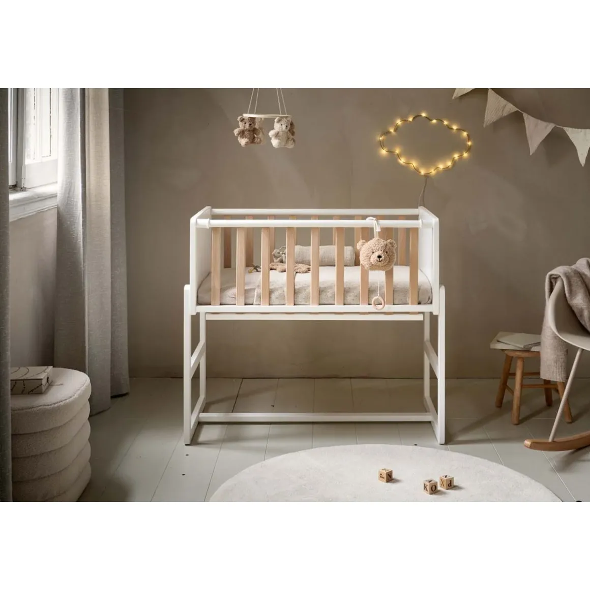 2-IN-1 CO-SLEEPER / AANSCHUIFBEDJE u00abNUAGEu00bb | WIT EN NATUREL