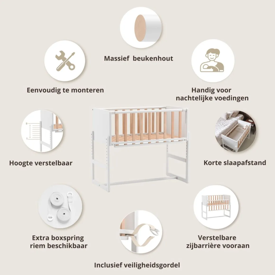 2-IN-1 CO-SLEEPER / AANSCHUIFBEDJE u00abNUAGEu00bb | WIT EN NATUREL