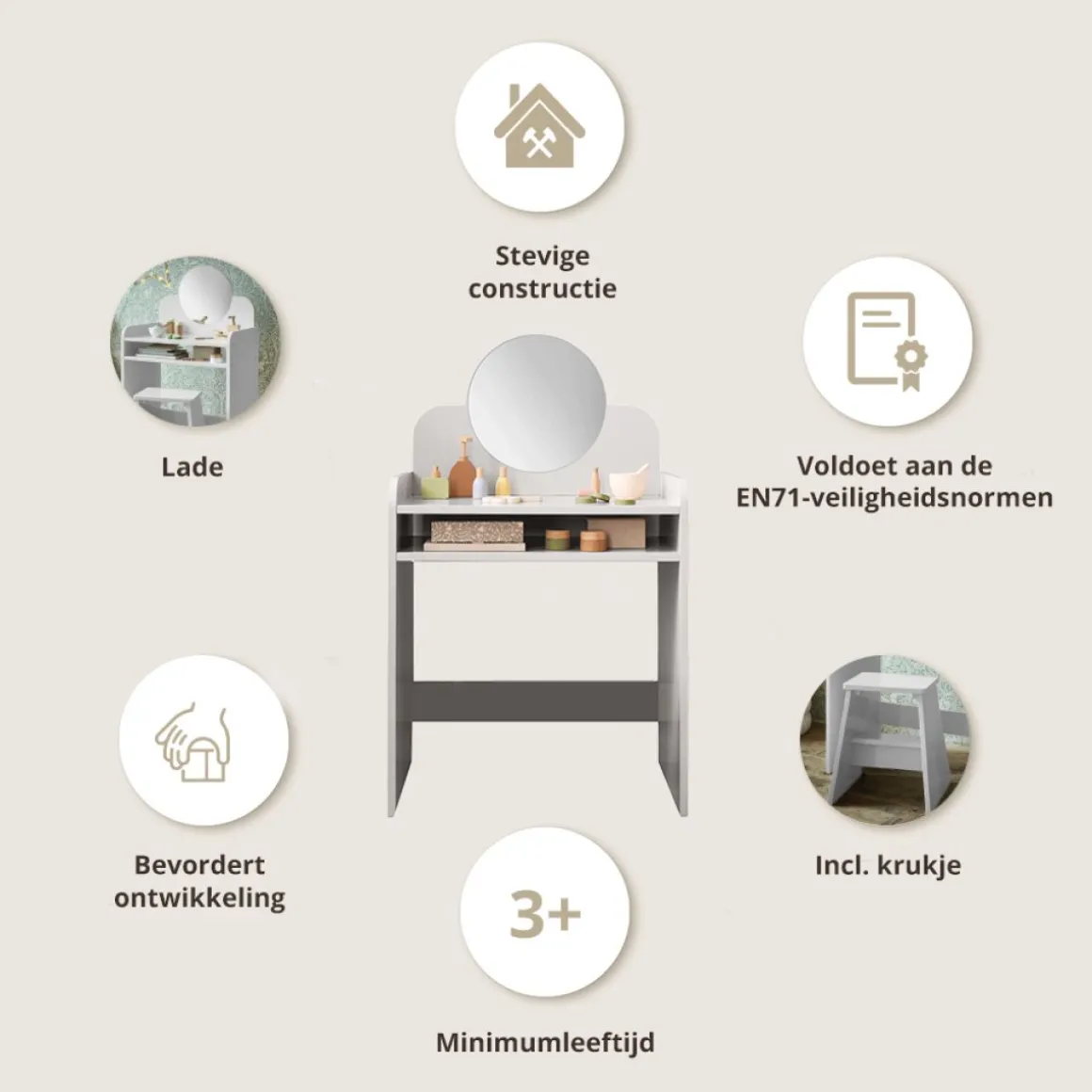KINDER KAPTAFEL VAN HOUT | u00abBELLEu00bb | WIT | MET SPIEGEL EN STOEL