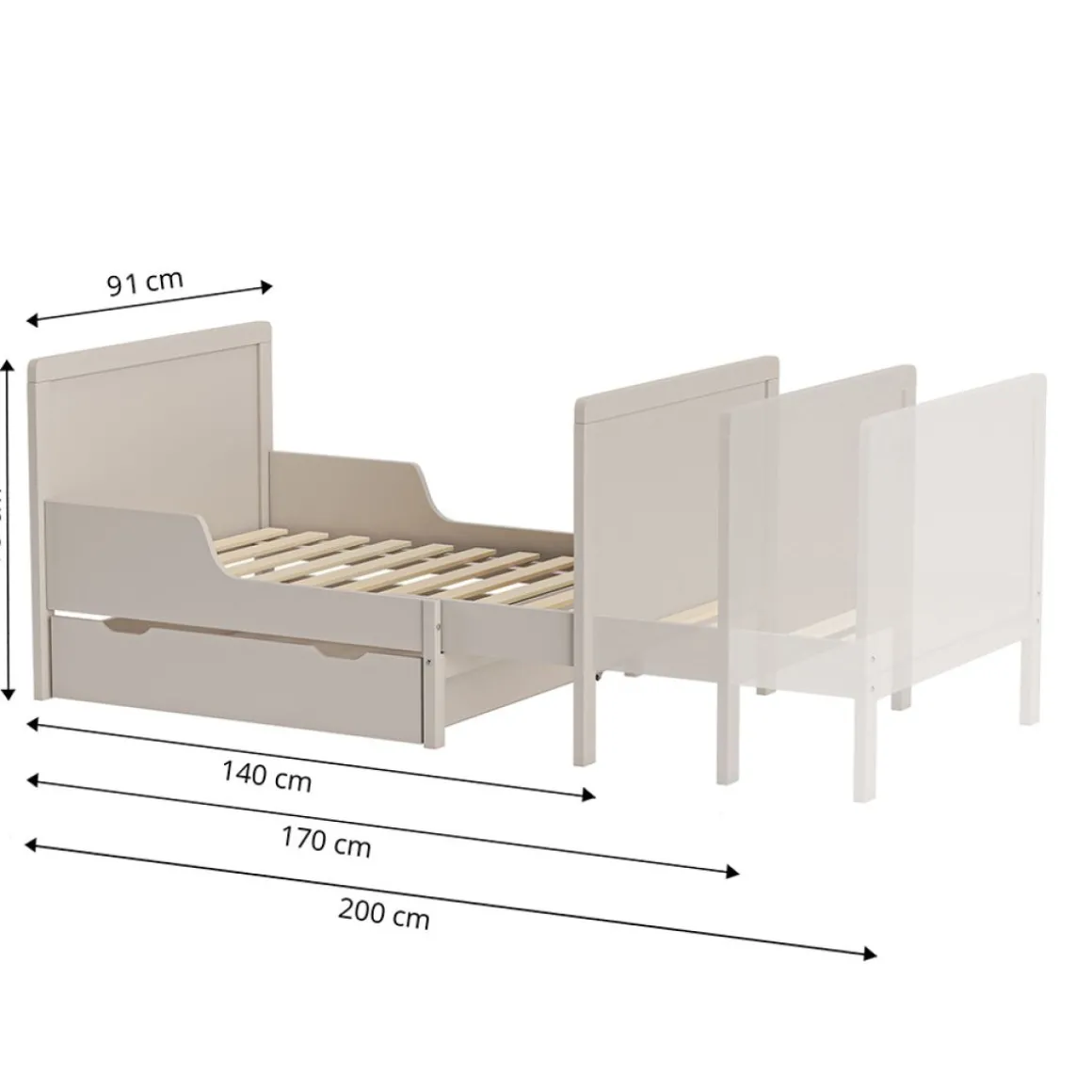 MEEGROEIBED / PEUTERBED u00abBRUMEu00bb INCL. LATTENBODEM | 80 X 140-200 CM | GRIJS