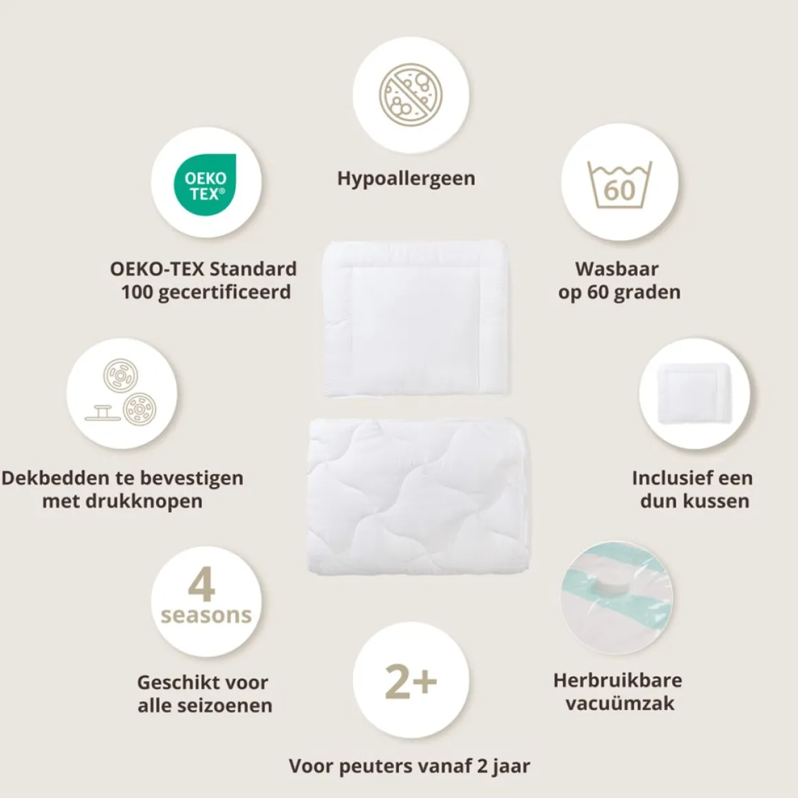 4-SEIZOENEN PEUTERDEKBED MET KUSSEN ANTI-ALLERGISCH | 120 x 150 CM
